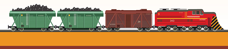 Illustration of a train pulling a boxcar and coal cars.