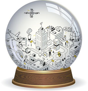 Illustration of a smart city in a snow globe.