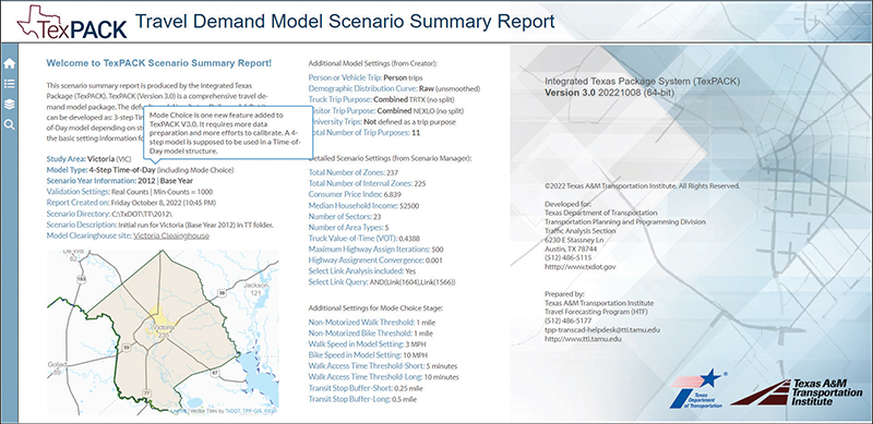 Screenshot from the TexPACK Travel Demand Model Scenario Summary Report.