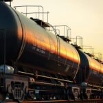 Closeup photograph of a line of tanker cars linked up on a track.