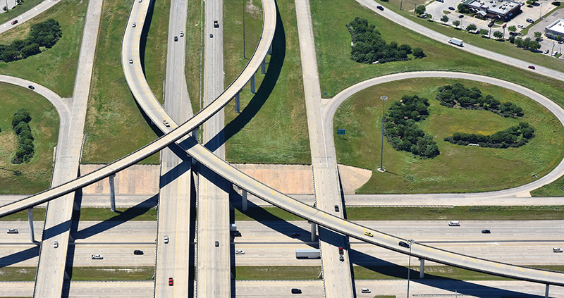 Aerial view of a highway interchange.