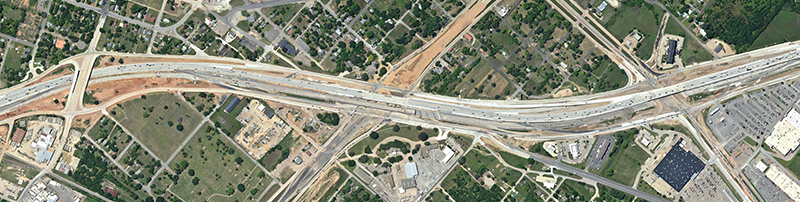 Aerial photograph of a section of I-35 being worked on in Waco, Texas.