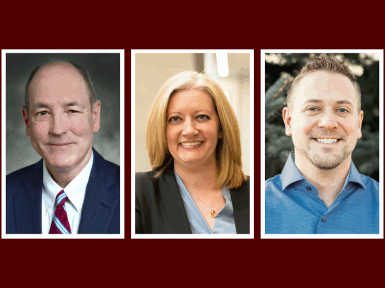 Three adults are shown in individual portraits against a maroon background: one man in a suit, one woman in business attire, and one man in a blue shirt, all smiling at the camera.