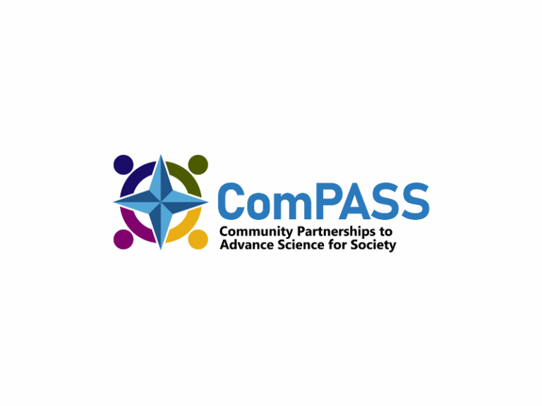ComPASS logo featuring four colored human figures around a blue compass; text reads “Community Partnerships to Advance Science for Society.”.