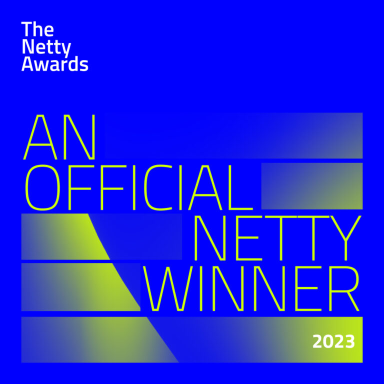 A graphic with blue and green gradient blocks reads The Netty Awards. An Official Netty Winner 2023 in bold, modern text.