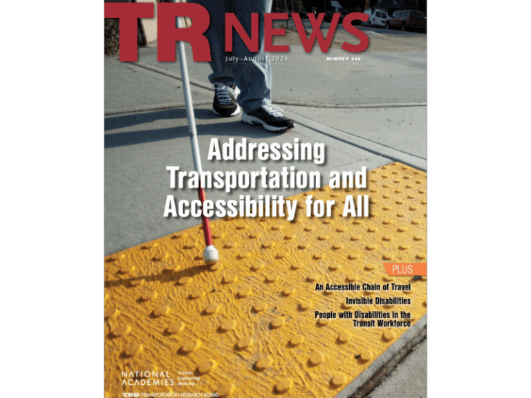 A person with a white cane walks toward a textured yellow tactile paving at a crosswalk. Magazine title: TR News—Addressing Transportation and Accessibility for All.