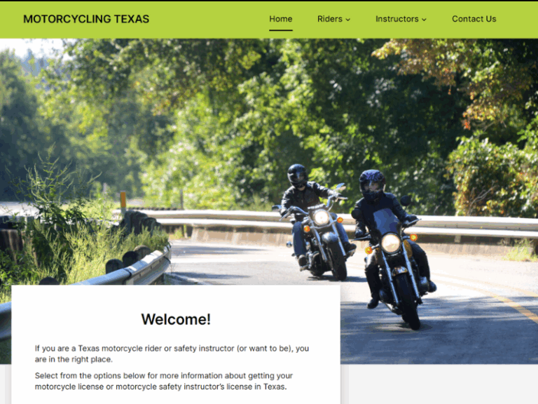 Two people ride motorcycles on a winding road surrounded by trees, with the Motocycling Texas website menu and welcome message displayed.