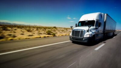 Commercial motor vehicle traveling on a rural roadway with an arid landscape.