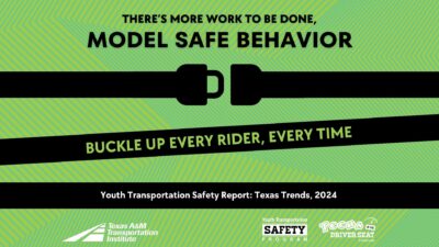 Text reads: "There's more work to be done, model safe behavior." Below is an image of a seat belt, symbolizing safety, with the message: "Buckle up every rider, every time." The background features a green geometric pattern, and at the bottom, it says: "Youth Transportation Safety Report: Texas Trends, 2024." Logos for Texas A&M Transportation Institute, the Youth Transportation Safety Program, and "Teens in the Driver Seat" are displayed at the bottom right.