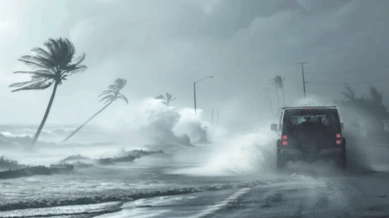 Car driving through hurricane.