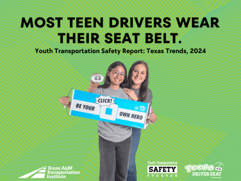 Two teens stand together holding a sign promoting seat belt use, with text stating most teen drivers wear their seat belt, from a 2024 Texas safety report.