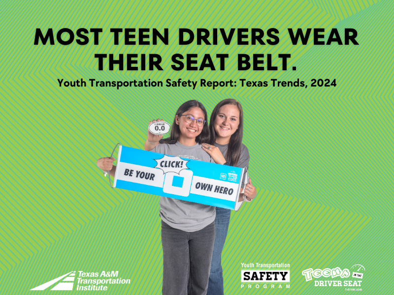 Two teens stand together holding a sign promoting seat belt use, with text stating most teen drivers wear their seat belt, from a 2024 Texas safety report.
