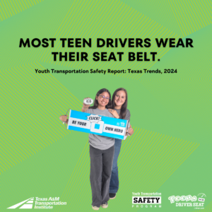 Two smiling teens are holding a large banner with a seat belt icon and the text: "Click! Be Your Own Hero." One of them is also holding a small sign displaying "0.0." The background has a green geometric pattern, and bold black text at the top reads: "Most teen drivers wear their seat belt." Below, the text says: "Youth Transportation Safety Report: Texas Trends, 2024." Logos for the Texas A&M Transportation Institute, Youth Transportation Safety Program, and "Teens in the Driver Seat" are placed at the bottom.