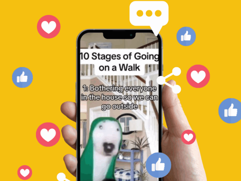 A hand holds a phone displaying a meme about stages of going on a walk, with social media icons and reaction symbols on a yellow background.
