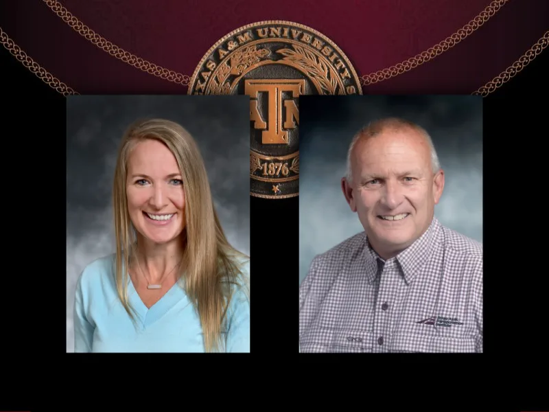 Two people posed in front of Texas A&M University insignia; a woman in a light blue top on the left and a man in a checked shirt on the right, both smiling at the camera.