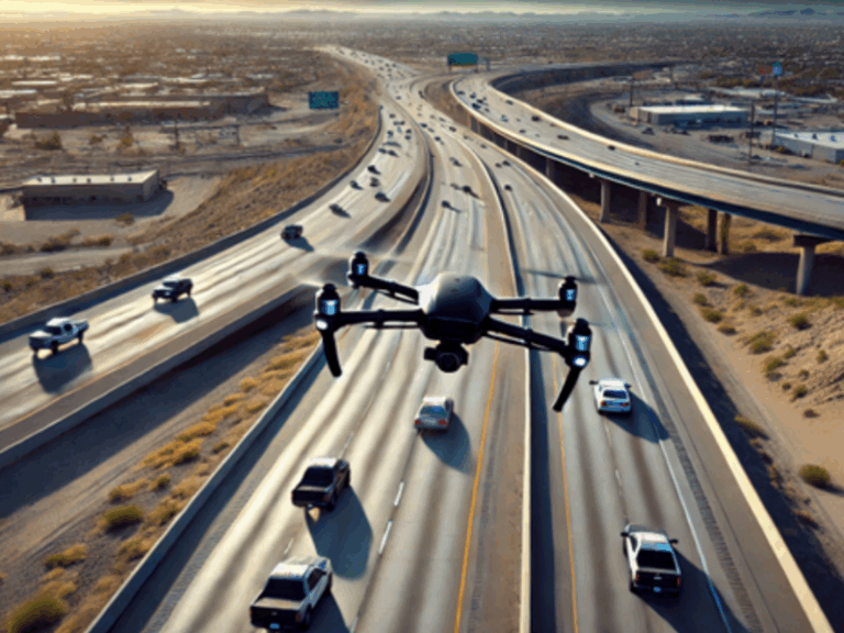 A drone flying above a multi-lane highway with cars traveling in both directions through a desert landscape.