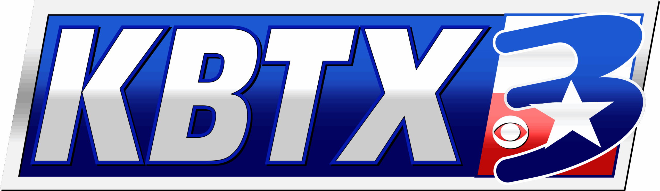 KBTX 3 logo featuring bold letters, a stylized number 3, the CBS logo, and a Texas flag background.
