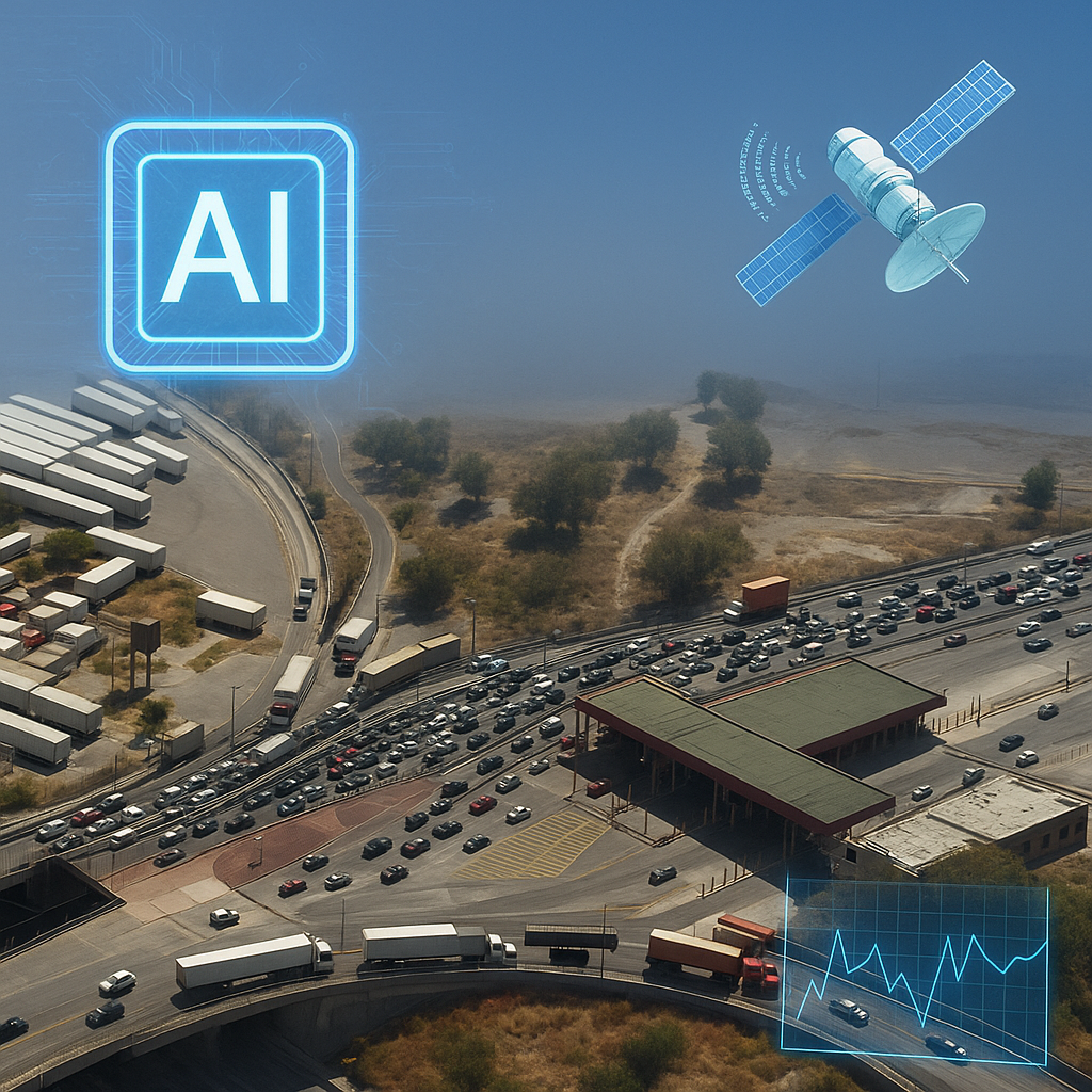 Aerial view of a busy border crossing with trucks and cars, overlaid with AI, satellite, and data chart graphics, suggesting technology managing transportation logistics.