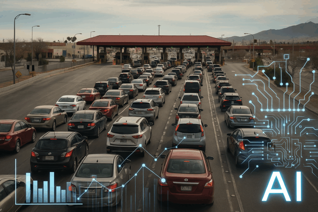 Several lanes of cars wait at a toll plaza; overlay graphics of charts, circuitry, and AI suggest the use of artificial intelligence in traffic management.