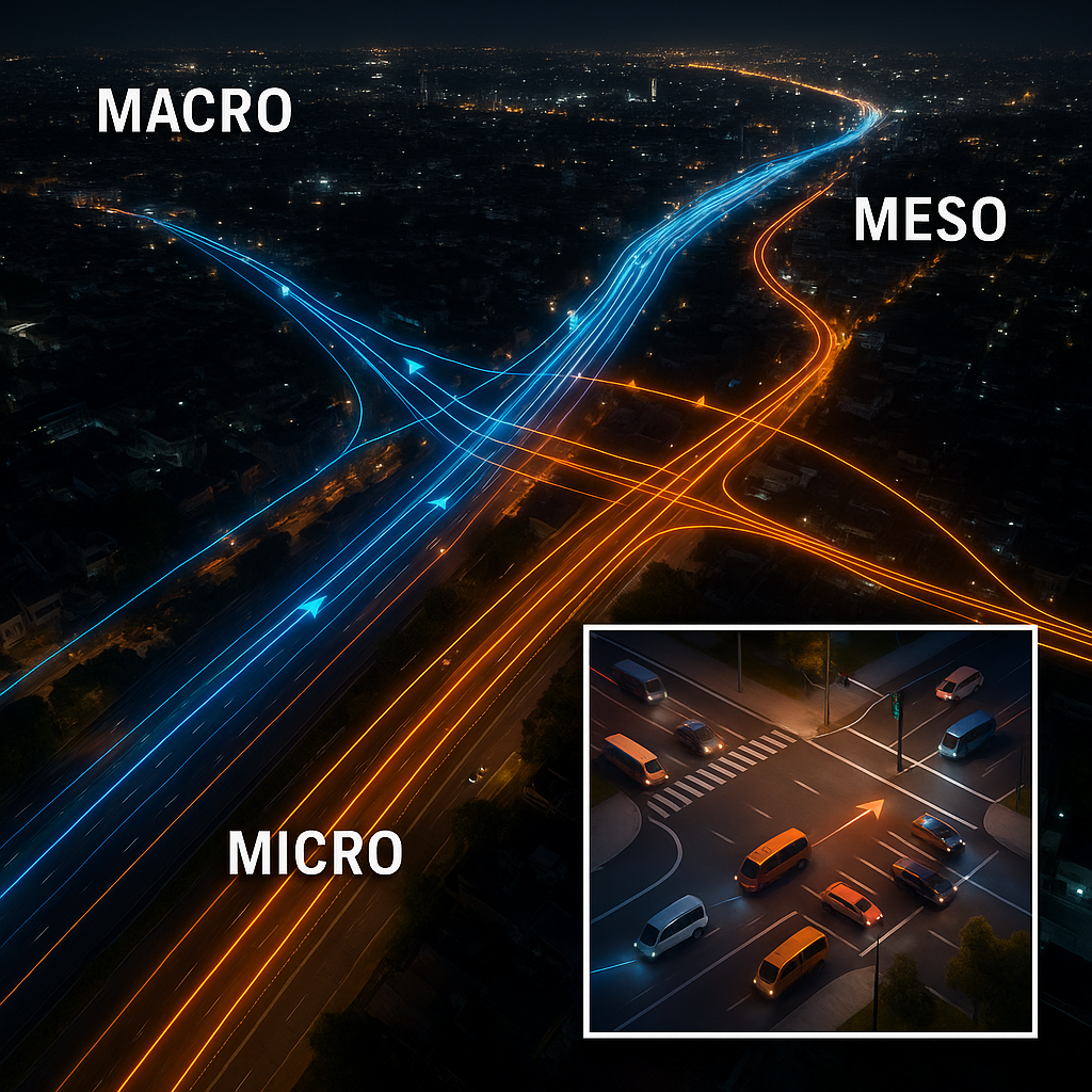 A nighttime aerial view of a highway with blue and orange light trails labeled macro, meso, and micro, plus a close-up inset of cars at a city intersection.
