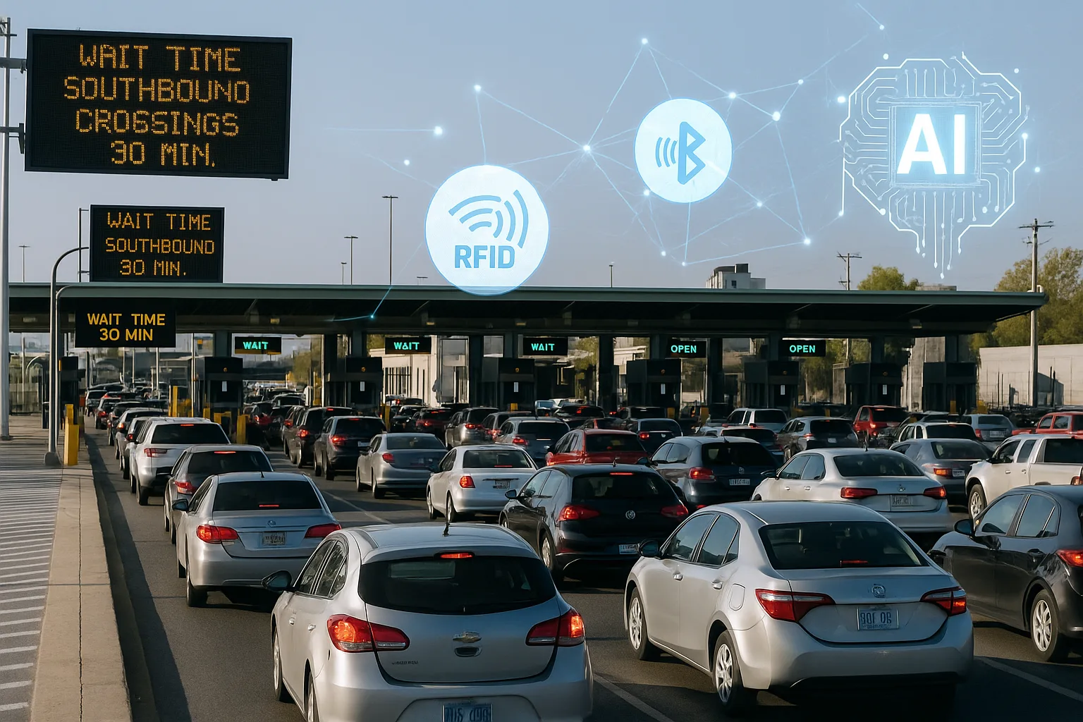 Cars wait in line at a border crossing with a digital sign showing a 30-minute wait; icons for RFID, Bluetooth, and AI are digitally overlaid above the lanes.