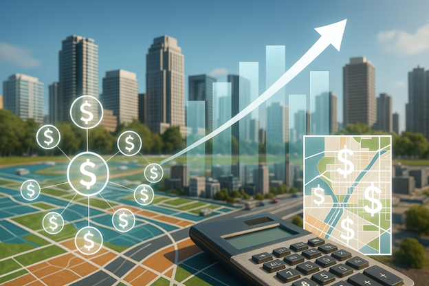 A calculator and financial icons overlay a cityscape, with rising bar graphs and dollar signs symbolizing urban economic growth and investment.