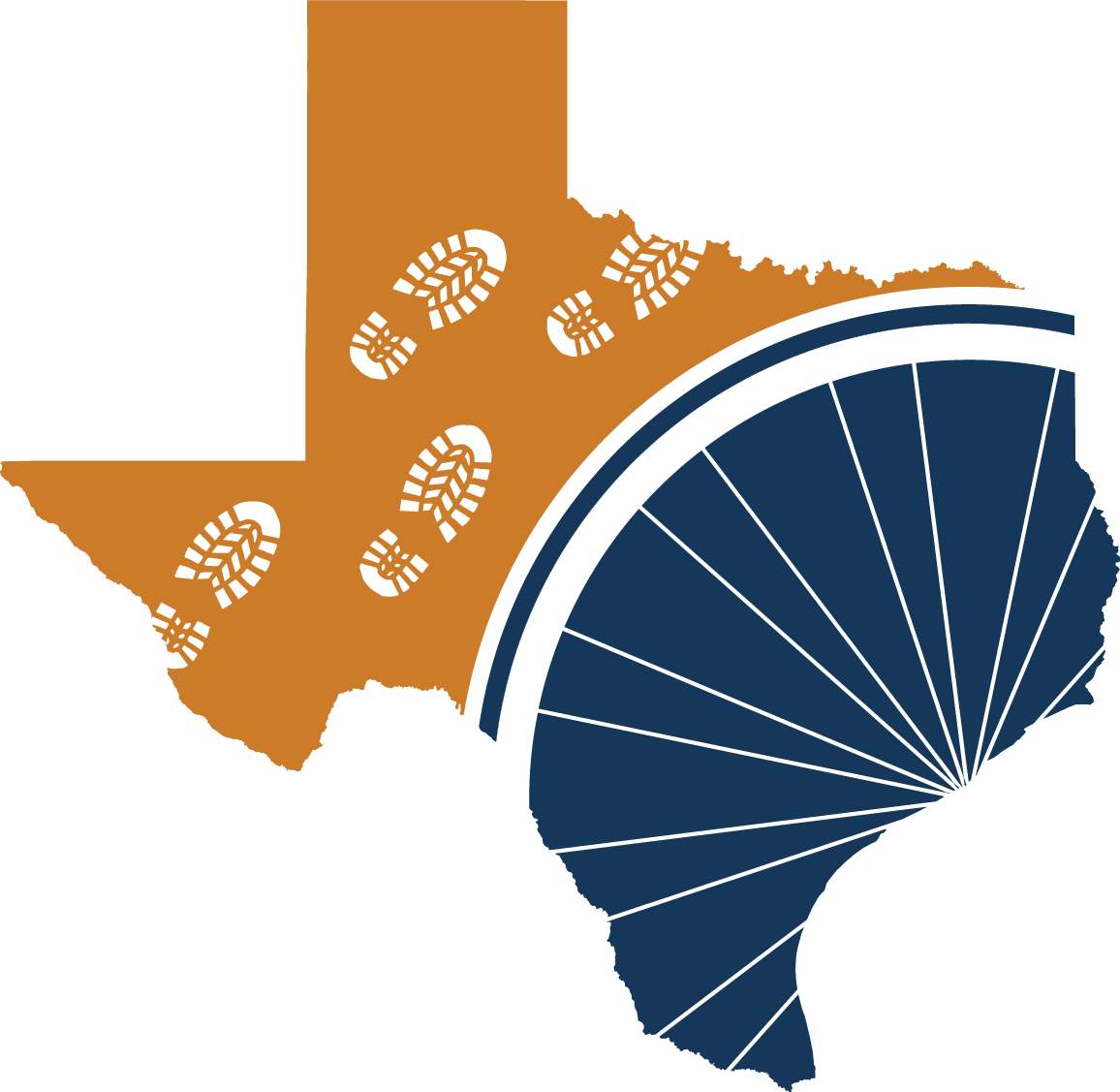 Outline of Texas with orange hiking boot prints and a navy blue bicycle wheel segment overlapping the southeastern part of the state.