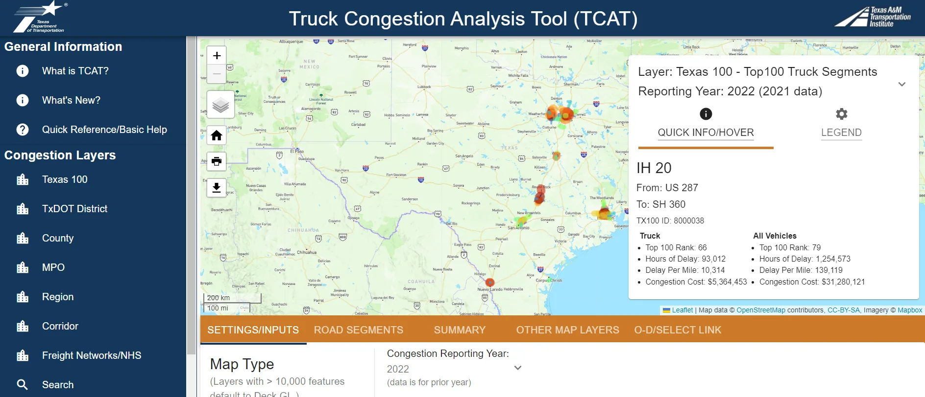 Screenshot of the Truck Congestion Analysis Tool showing a map of Texas with highlighted truck congestion points and detailed info for IH 20 segment on the right panel.