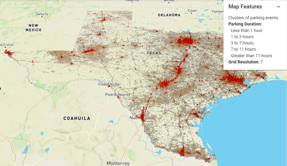 Map showing clusters of parking events across Texas and neighboring states, with red markers indicating varying parking durations from less than 1 hour to greater than 11 hours.