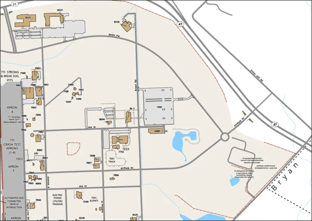 Map to the TEEX Institute for Law Enforcement & Protective Services Excellence in Building 7751 of RELLIS Campus.