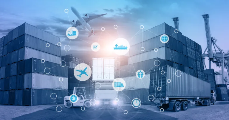 Shipping containers, truck, forklift, and airplane with digital logistics and supply chain icons overlayed.
