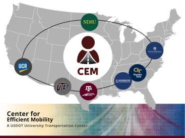 Map of the U.S. showing CEM and partner university logos connected in a network across the country.