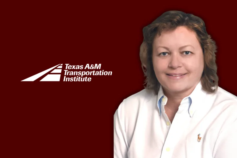 A person in a white shirt smiles next to the Texas A&M Transportation Institute logo on a maroon background.