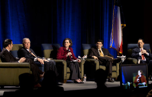 Sen. Glenn Hegar, Jr., chair of the Sunset Advisory Commission; Rep. Drew Darby, chair of the House Select Committee on Transportation Funding; Deirdre Delisi, chair of the Texas Transportation Commission; Representative Eddie Rodriguez, vice chair of the House Select Committee on Transportation Funding; and Rep. Rafael Anchia, member of the Sunset Advisory Commission, participate in a State Transportation Roundtable.