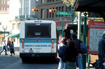 city transit bus at downtown stop
