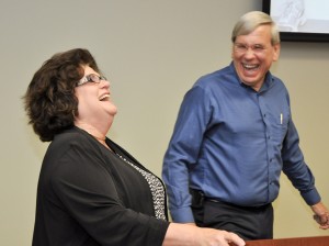 This is a photo of Anna Jo Mitchell and Don Bugh laughing.