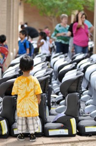 This is a photo of child safety seats lined up