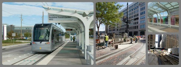 Collage of Houston METRO: first picture on left is METRO trained stopped at station, center picture are workers next to a METRO line, top right is the interior of a METRO stop, bottom right is a rail line under construction.
