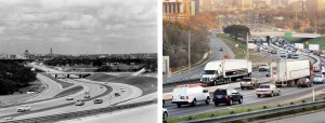 Side-by-side photos of U.S. Highway 81 in Austin in 1957 and I-35 in Austin 2011
