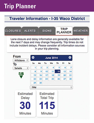 screenshot of the My I-35 website's 'Trip Planner'
