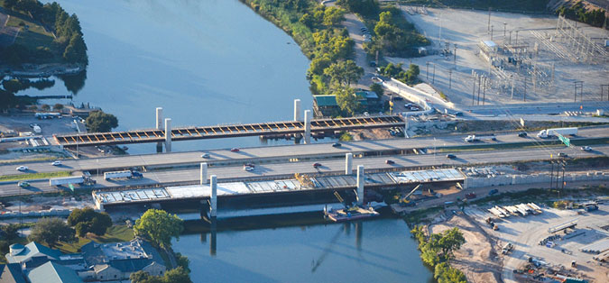 aerial of the Brazos River Bridge during construction